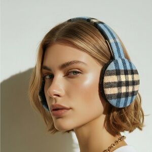 Burberry Blue Plaid Headband Earmuff with London Label. Great shape NO ODOR